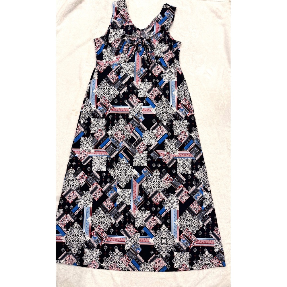 Nina Leonard Navy Blue Red Patchwork Americana V-Neck Knot Front‎ Maxi Dress